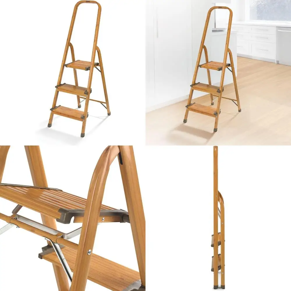 

ultralight 3-step ladder with natural wood texture