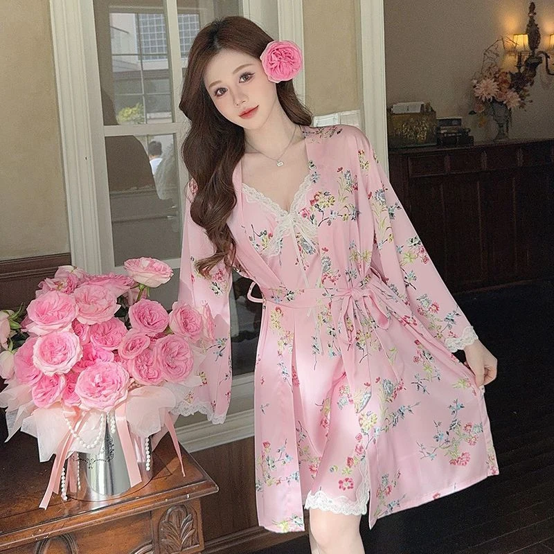 2025 Summer 2PCS Silk Satin Print Sexy Lace Lingerie Nightgowns Robe Sets Women Bathrobe Sleepwear Nightdress Night Dress Nighty