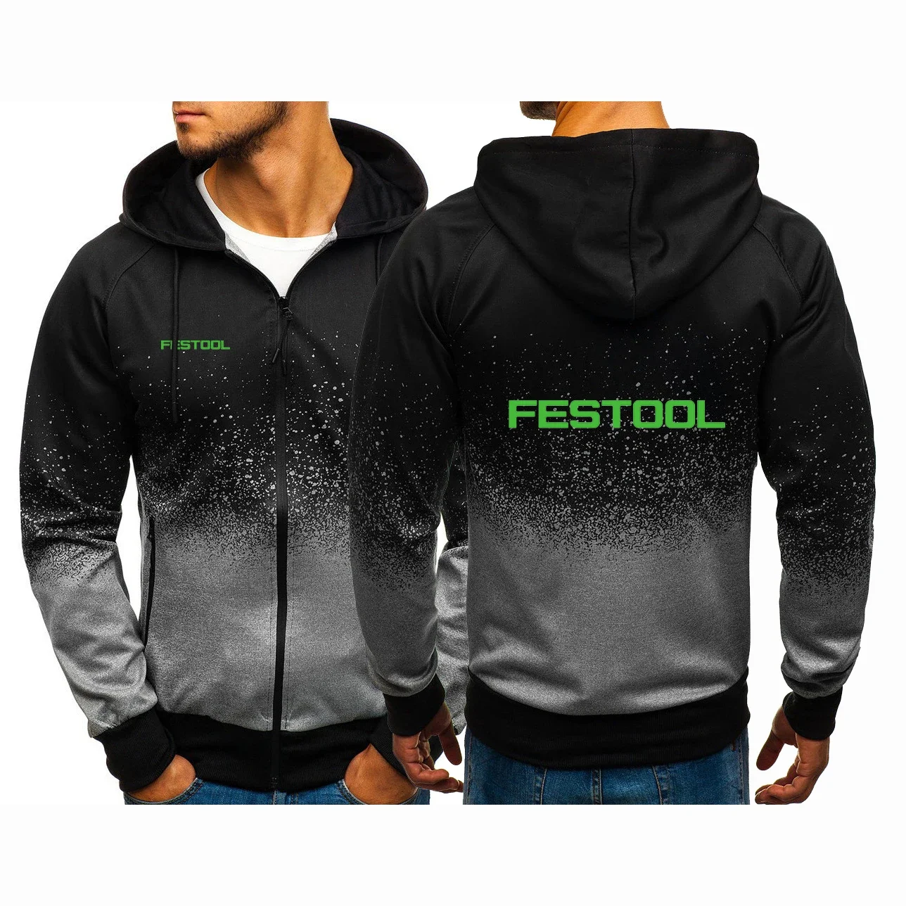 Hoodies Men Festool Tools Printing Casual HipHop Harajuku Style Gradient Color Hooded Mens Fleece Sweatshirts Mens Zipper Jacket