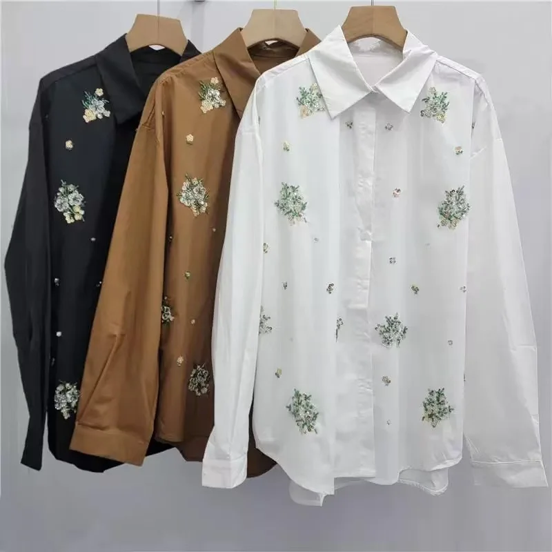 

Luxury Brand Design Sequins Embroidery Cotton Shirts & Blouses Woman Clothes 2026 Spring Autumn Women's Blouse Ladies Shirt Tops