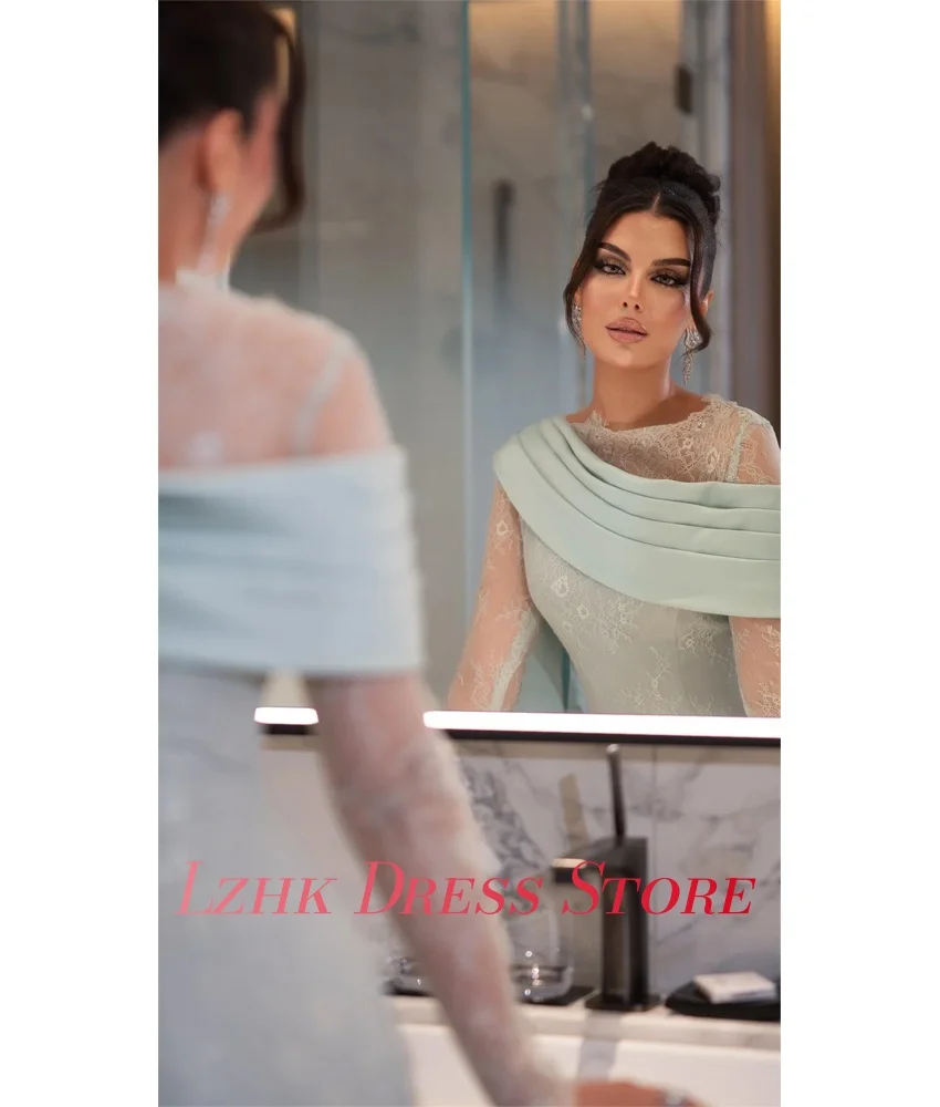 Abito da sera sexy personalizzato in jersey di pizzo Maniche lunghe di alta qualità O-collo Lunghezza pavimento فسات Бmaveraات Formato personalizzato