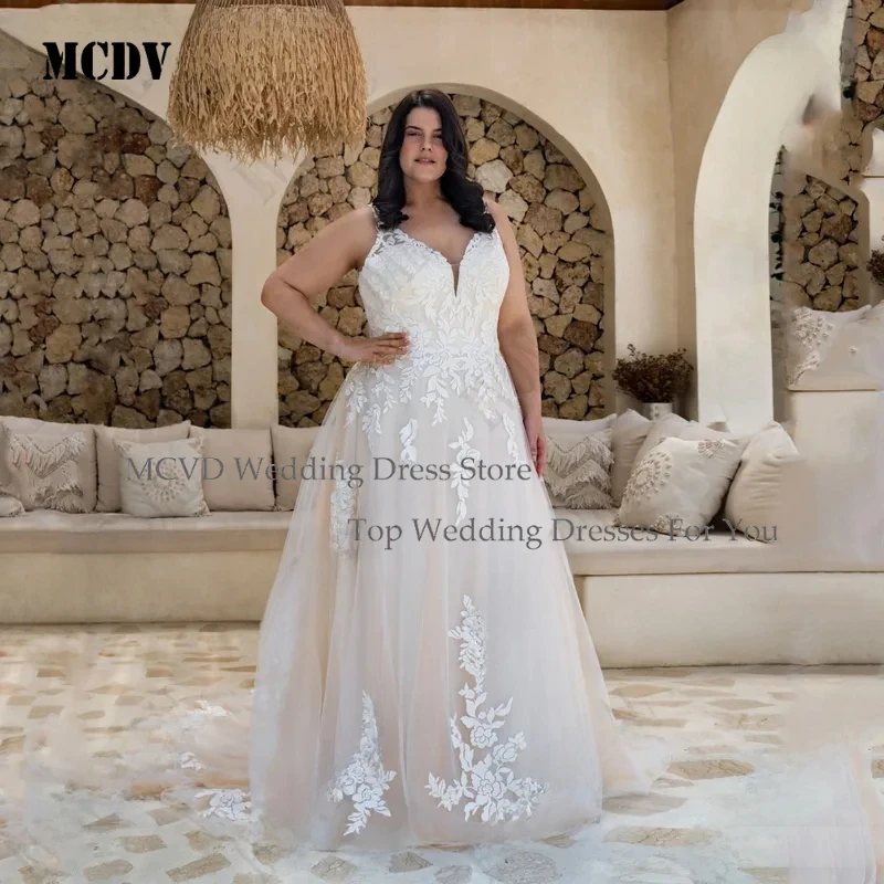 

MCDV Plus Size Sleeveless Wedding Dresses A-Line Double V-Neck Applique Tulle Boho Bridal Gown Custom Available