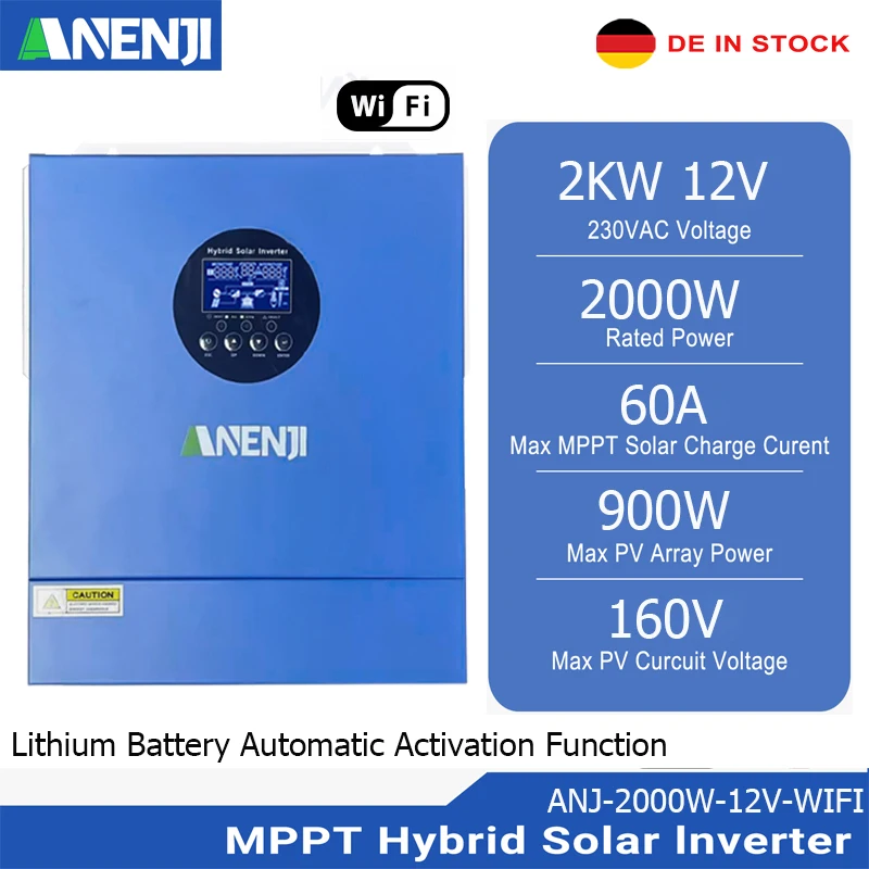 2KW 12V Hybrid Solar Inverter MPPT Pure Sina Wave Inverter Off Grid 220Vac Built-in 60A Solar Charge Controller PV 160VDC wifi