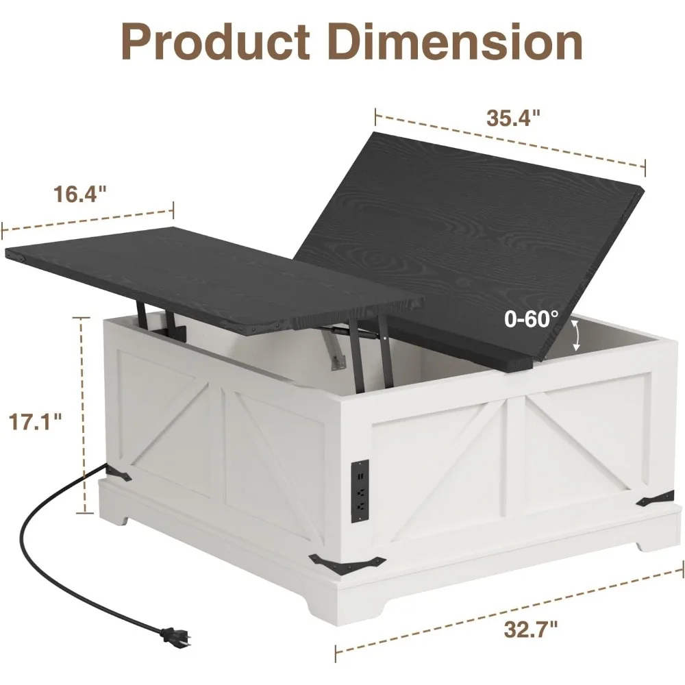 Farmhouse Lift Top Coffee Table with Hidden Storage, 35.4" W Wood Square Center Table with Charging Station, Rustic Cocktail