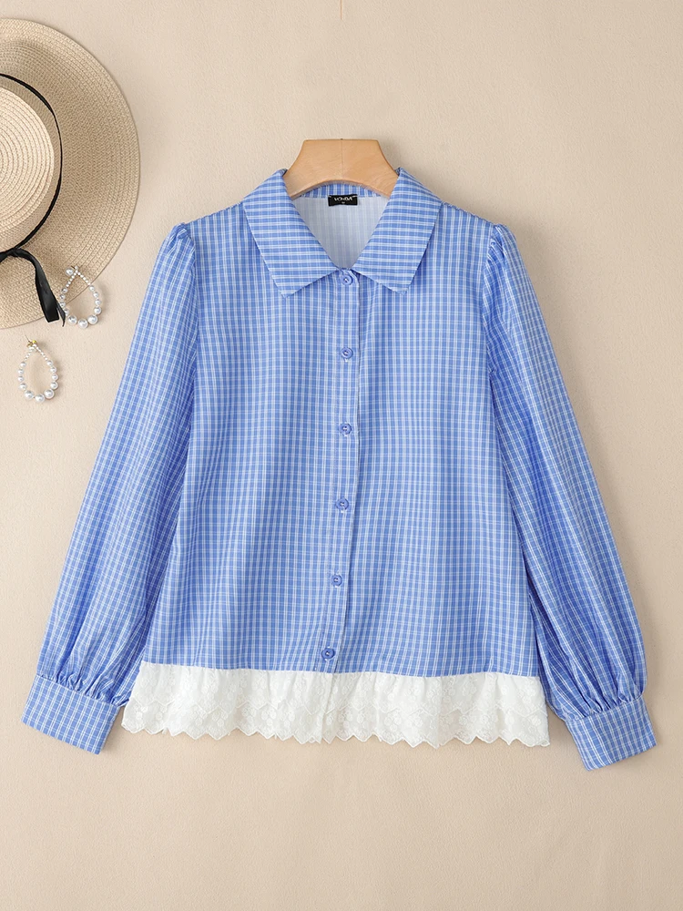 VONDA Elegante Vrouwen Lange Mouwen Mode Plaid Blouse Herfst Kant Patchwork Knop Stijlvolle Koreaanse Tops Tuniek Blusas