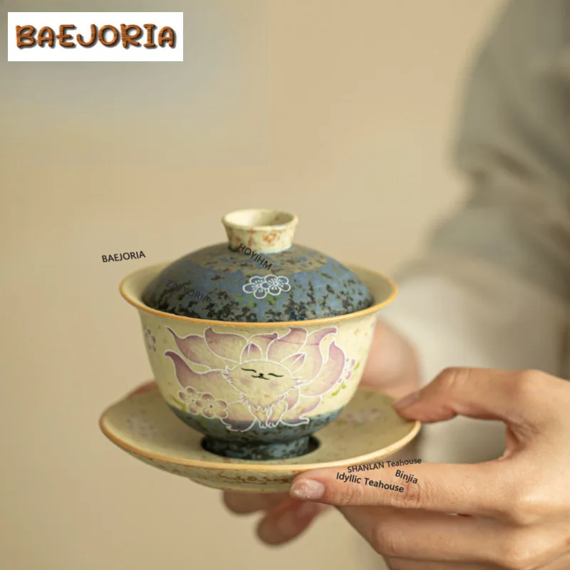 

160ml Hand-painted Nine-tailed Fox Gaiwan Elegant Tea Tureen Tea Bowl With Lid Kit Tea Maker Cover Bowl Cha Supplies Ornaments