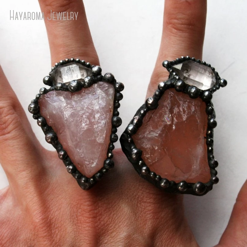 10pcs Rose Quartz Tibetan Quartz Adjustable Statement Ring Women Wicca Pagan Gothic Grunge Goth Jewelry Witch Emo Accessories