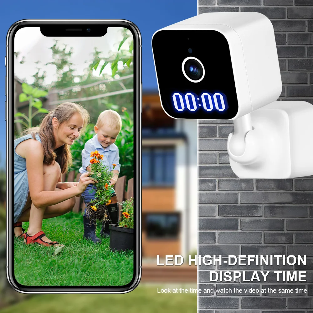 WiFi Plug Camera with Digital Clock Waterproof IP CCTV Indoor AI Motion Detection Alarm with Tuya APP Control for Home Security