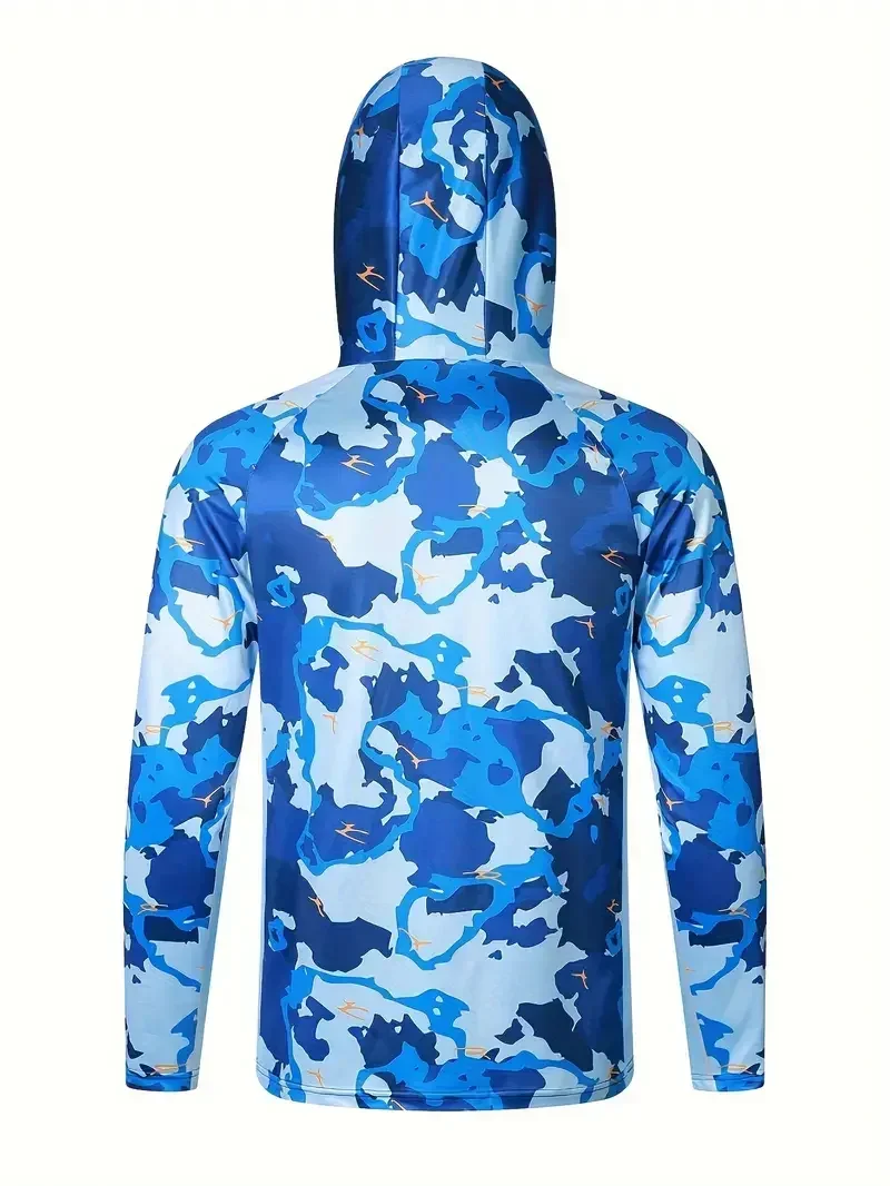 Blue Ocean Camo Herren Angelhemd mit Kapuze, integrierter Gesichtsabdeckung, UPF50+ Sonnenschutz, schnelltrocknend, langärmelig, Outdoor-Oberteil – Detail 7