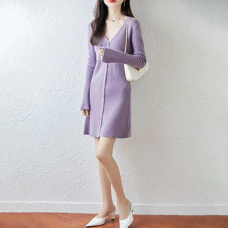 Yoyoselect Mini abito da donna in lana merino al 100% con scollo a V e bottoni in maglia Una linea morbida e calda Abiti in cashmere autunno inverno