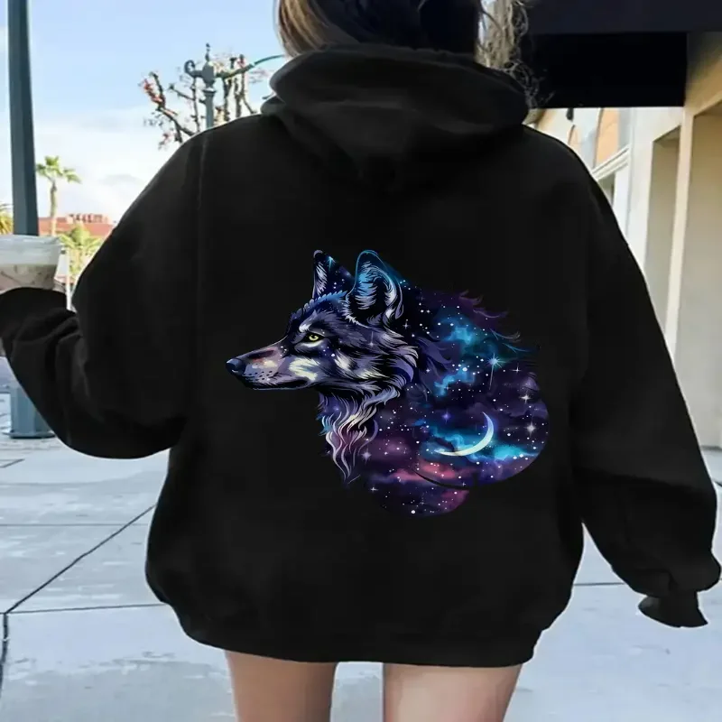 Streetwear galáxia lobo impressão com capuz casual noite estrelada design moletom máquina lavável das mulheres roupas de outono e inverno