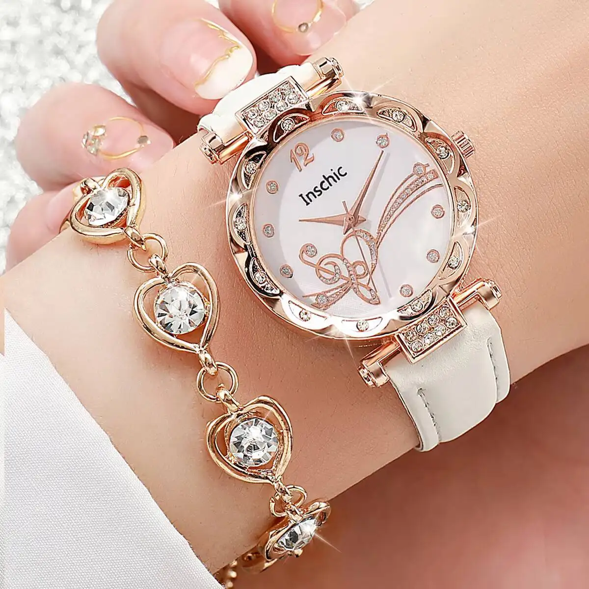 6PCS/Set Fashion Rhinestone Women's Watch Leather Band Analog Quartz Watches Heart Jewelry Set Reloj Mujer（Without Box）