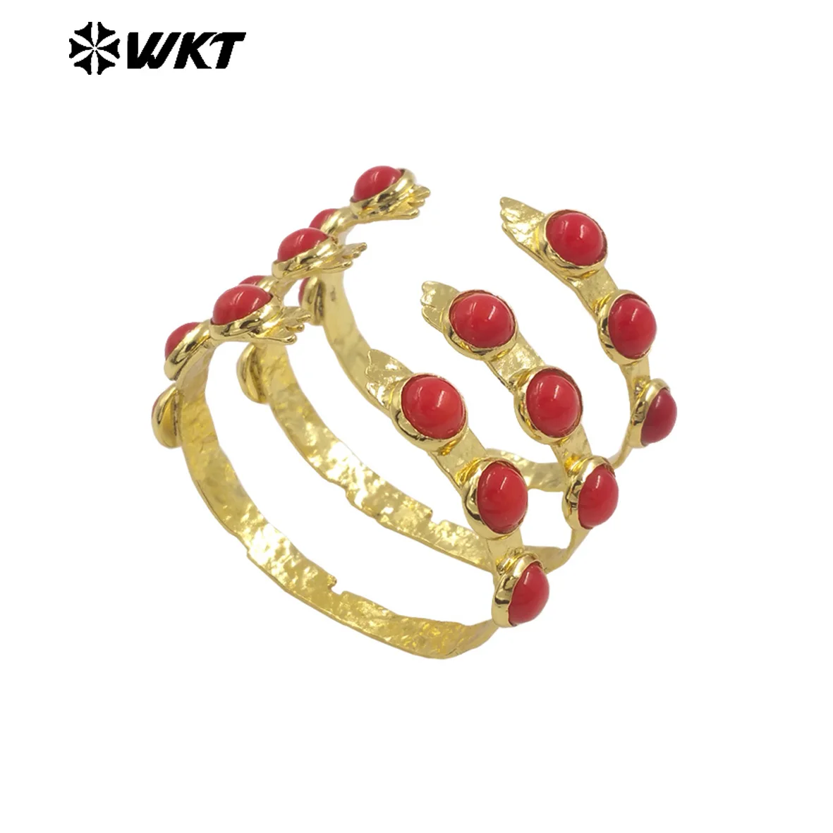 MPB111 WKT Stunning 18K Real Gold Plated Six Pieces Stone Bezel Setting Delicate Round Red Coral Bangle In 10PCS