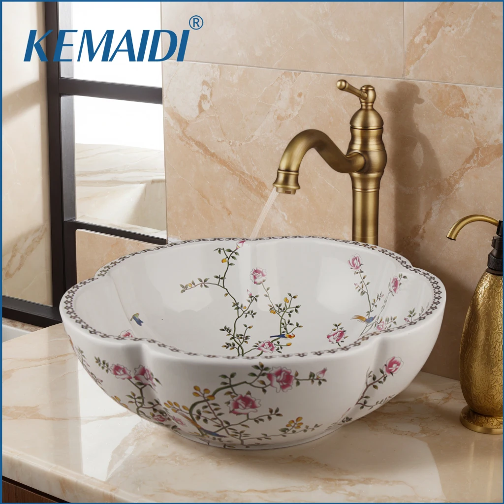 

KEMAIDI Porcelain Bathroom Ceramic Vessel Sinks Above Counter Flower Bird Pattern Vanity Bowl Sinks for Bathrooms Faucet Combo