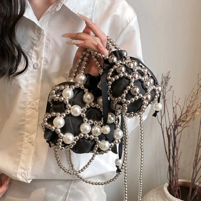 Silver Acrylic Beaded Handbag Sweet Girls Hand-made Mini Pearl Crossbody Bag Summer Hollow Out Design Women Evening Clutch Bag