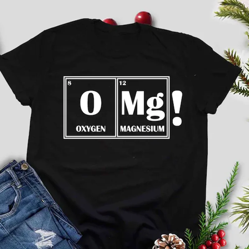OMG-Camiseta divertida de ciencia con estampado de elementos químicos, camisetas de mesa periódica de manga corta, Top básico informal holgado con cuello redondo para mujer