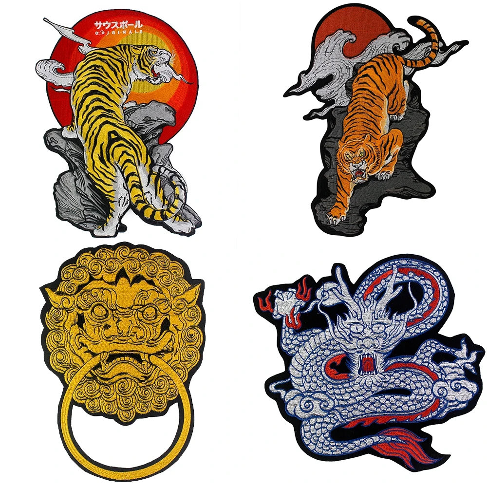 Grande bordado leão tigre animal dragão chinês remendo para roupas apliques diy casaco vestido acessórios pano adesivo emblema 1pc