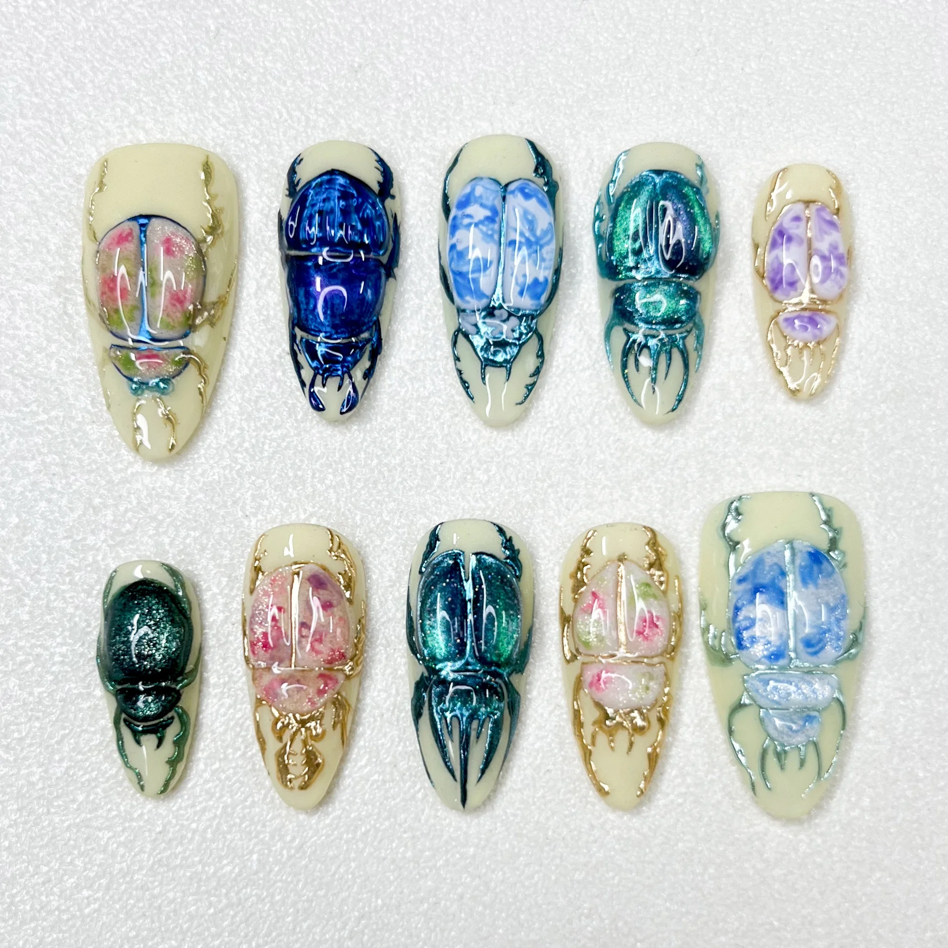 New Handmade Insect Series Nail Art False Nail 3D Embossed Design High-end Nail Art Almond Lengt Press on Nails Mandarin Duck