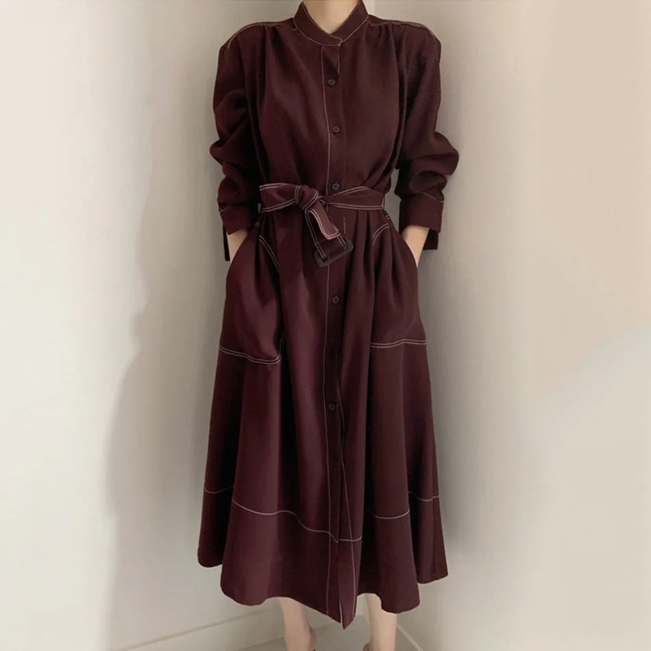 Neues Frühlings-Herbst-Einreihiges Damen-Hemdkleid mit Stehkragen, koreanischer Casual-Stil, gerade geschnitten, elegantes langes Kleid für Damen. – Detail 10