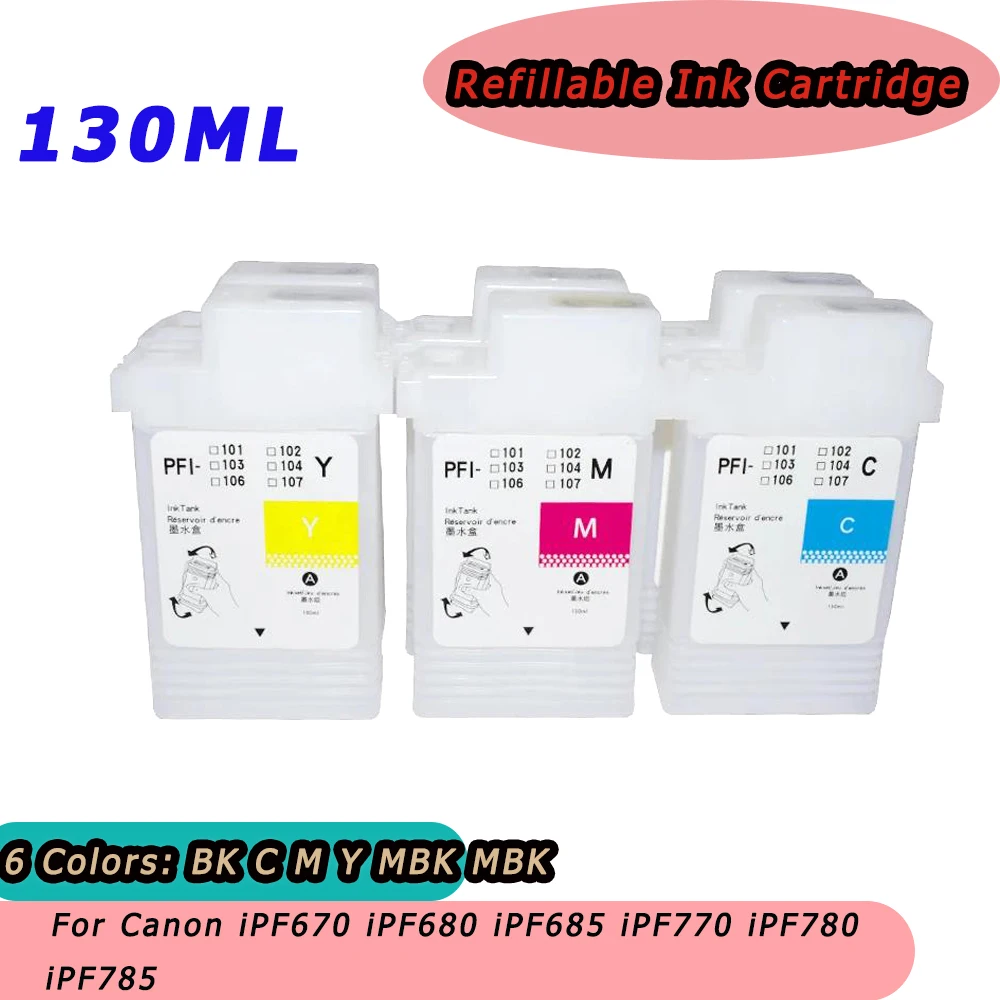 Imagem -02 - Cartucho de Tinta Recarregável com Microplaquetas Permanentes para Canon Pfi107 Pfi107 Ipf670 Ipf680 Ipf685 Ipf770 Ipf780 Ipf785 130ml Cores