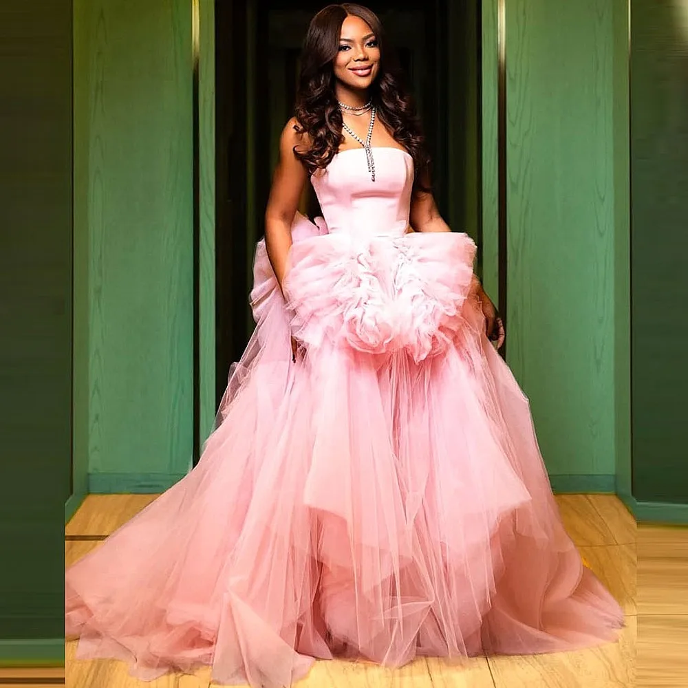 Princess Pink Tulle Wedding Party Dresses 2026 Fluffy Tiered Tulle Birthday Dress Strapless Vestidos