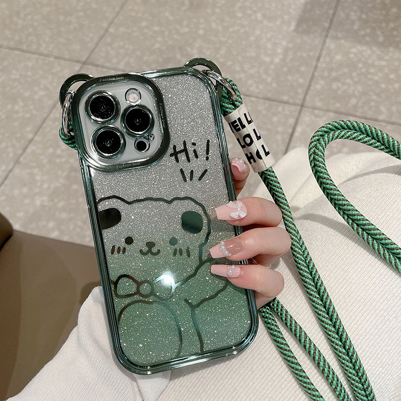 

Nylon Lanyard Glitter Plated Phone Case For Iphone 16 15 14 13 12 11 Pro Max Xs Xr 16Pro Soft Border Phone Case Cover Soft Shell