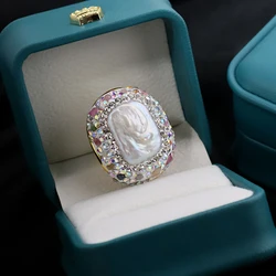 Baroque Pearl Inlaid Tourmaline Ring for Women Personalized Fashion Elegant Luxury Simple Ladies Banquet Exquisite JewelryGR0409