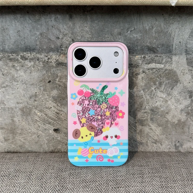 

Glitter Strawberry Cute Cartoon Phone Case For iPhone 17 16 15 14 Promax Plus Soft TPU Shockproof Kawaii Back Cover