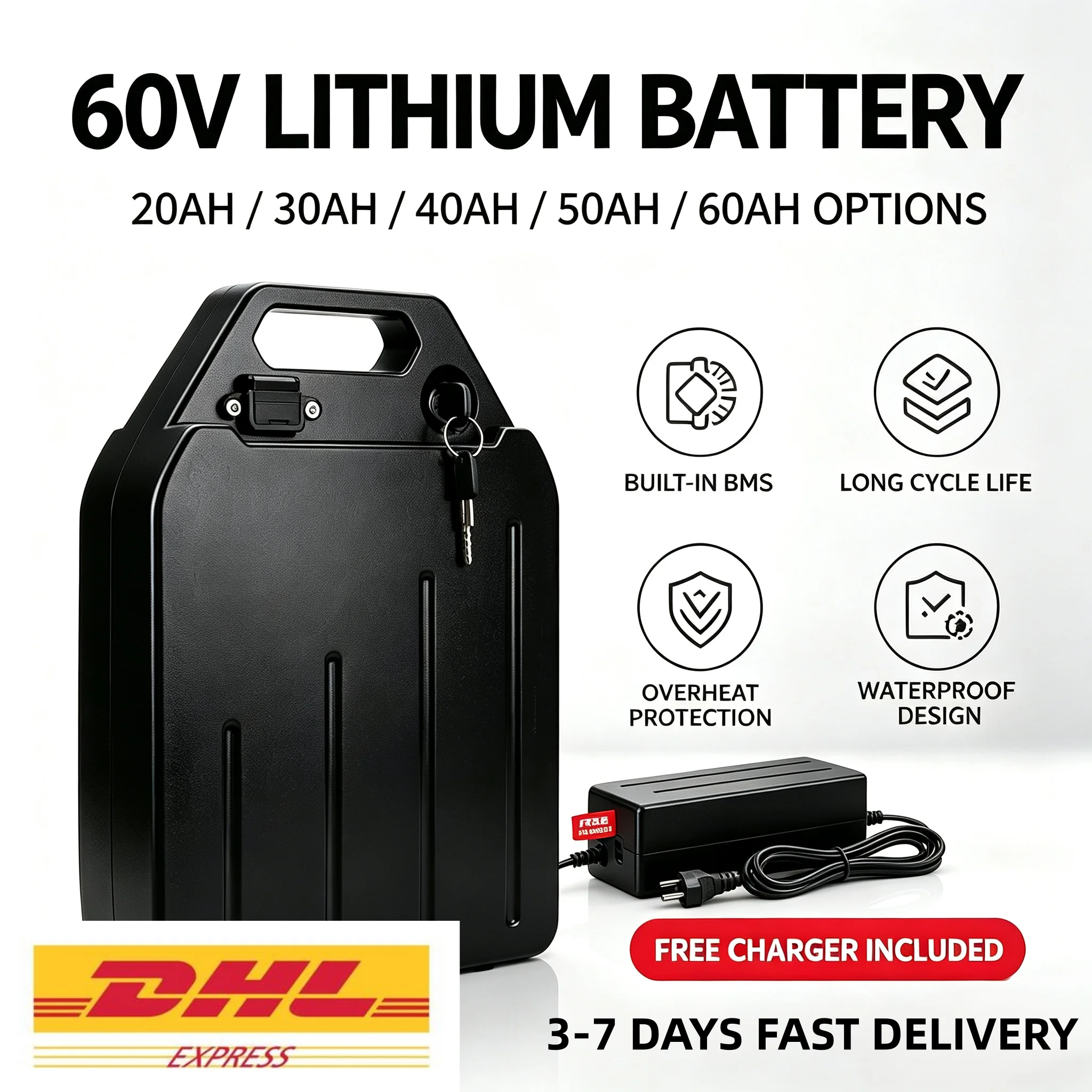 Image of 60V Hochleistungs-Lithiumbatterie 20AH-60AH Optionen Eingebautes BMS Überhitzungsschutz Wasserdicht 10 Stunden Langzeitbetrieb für E-Bike Roller Kostenloses Ladegerät DHL