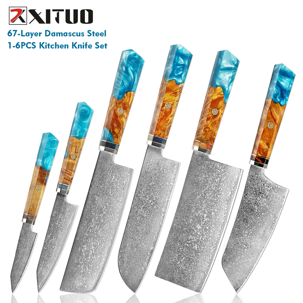XITUO 1-6PCS Professional Damascus Steel Chefs Knives Set Sea Blue Resin Wood Handle Bread,Santoku,Cleaver,Paring,Cooking Knife