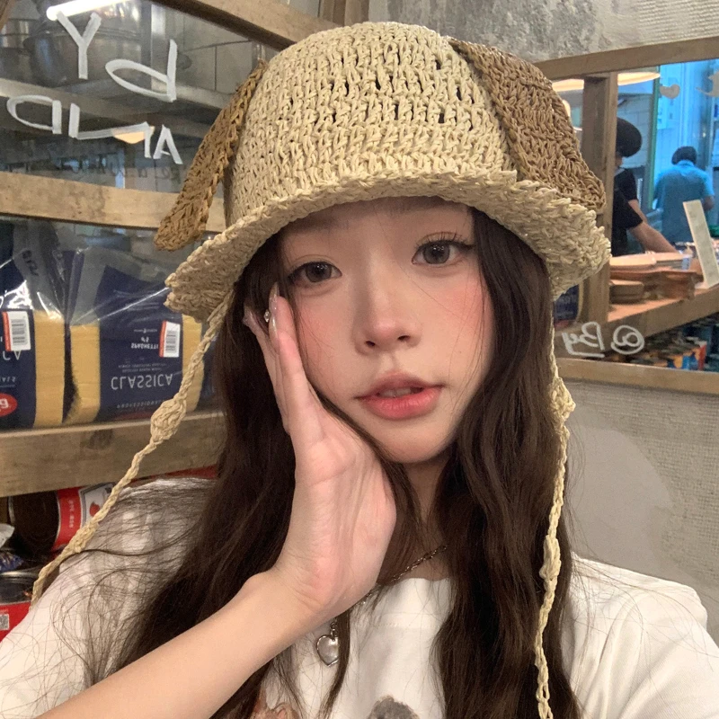 

Cute Puppy Ears Woven Bucket Hats for Women Summer Hollow Breathable Vacation Sun Protection Show Face Small Versatile Sun Hat