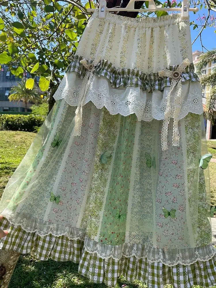 Style japonais décontracté vacances jupe femmes Resort Vintage dentelle couture jupes amples été imprimé vérifier Chic Design tenues nouveau