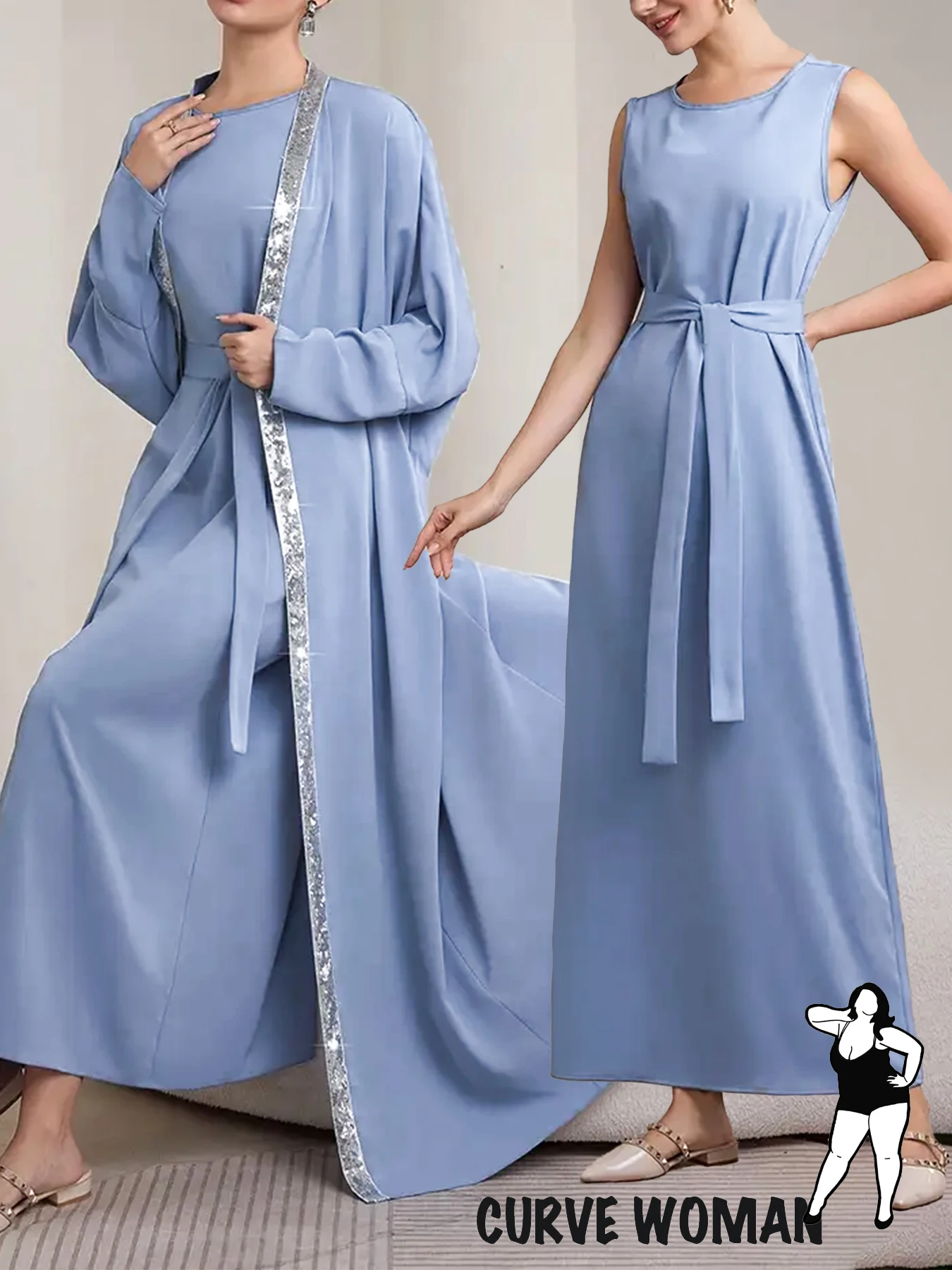 

Женский комплект из двух предметов больших размеров, прямое платье с отделкой из блесток и лентой, украшенное верхом, достойное и элегантное.