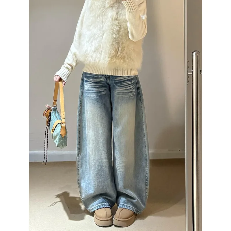 

New Large-size Women's Retro Polished White Wide-leg Jeans Spring Autumn Denim Straight-leg Pants Female Casual Denim Trousers
