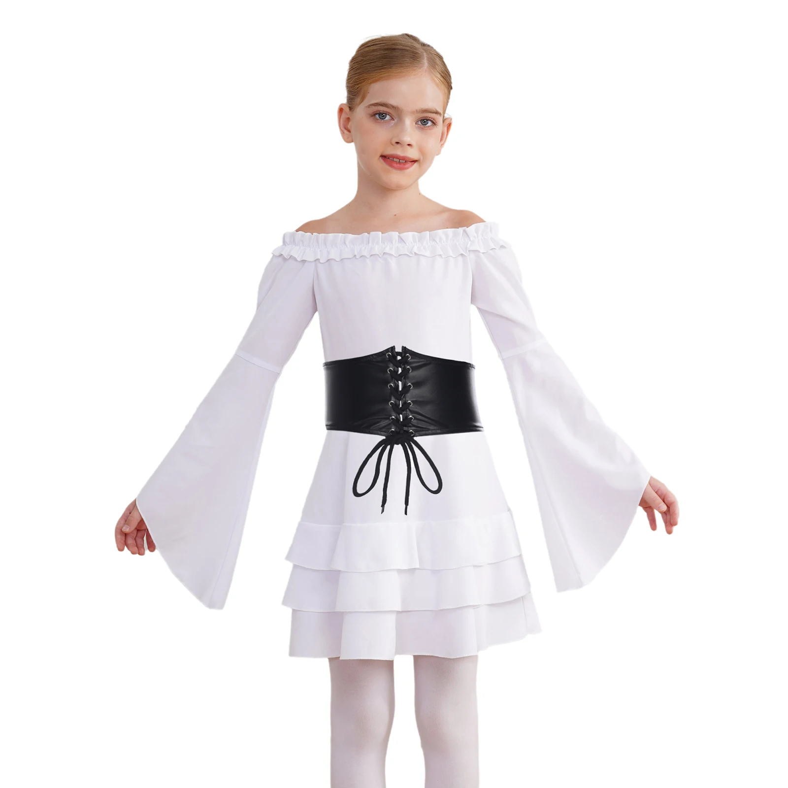 

2 Pieces Halloween Pirate Renaissance Princess Dress Up Costume Long Sleeve Tiered Ruffle Dress with PU Leather Waist Belt Sets