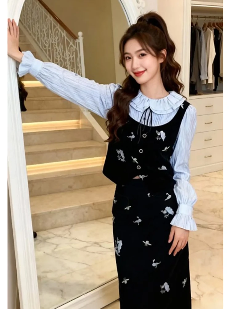 

Ele Doll Collar Embroidered irt Set Autumn Winter Faion Retro Sweet Sle Casual Workwear High Waist Pants Breathable