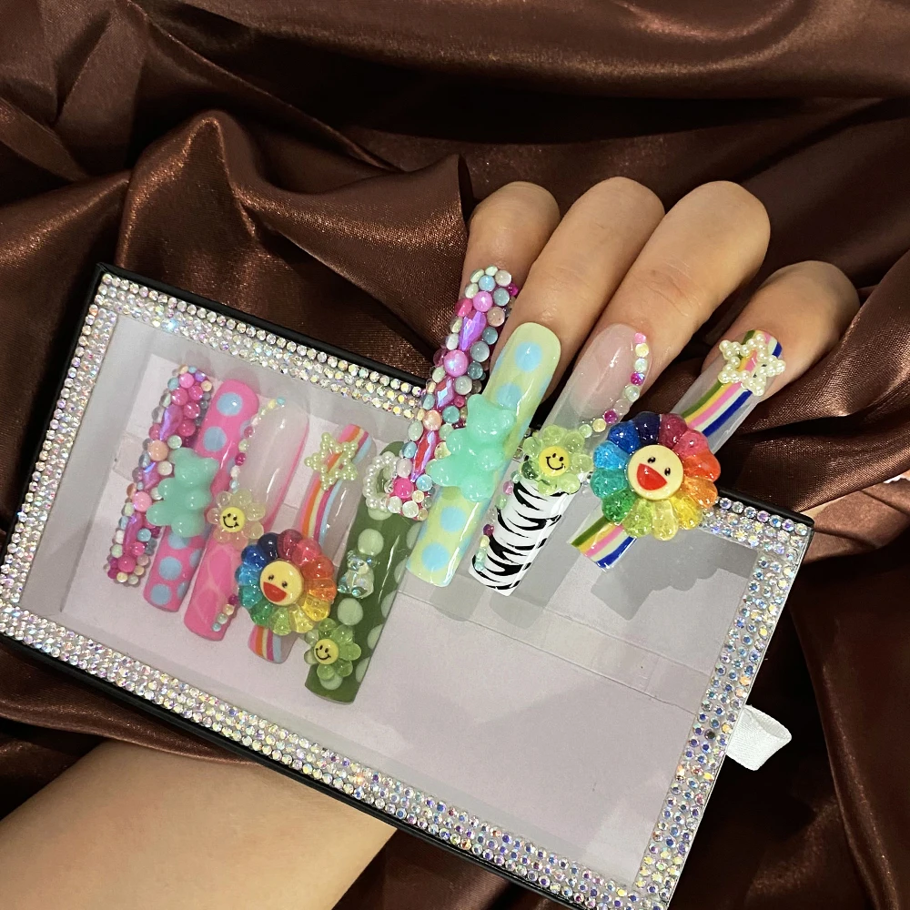 Extra Long Length 3D Exquisite Sparkling Conffin Square Fingernails 10PCS Luxury Ballerina Handmade Acrylic Press on Nails