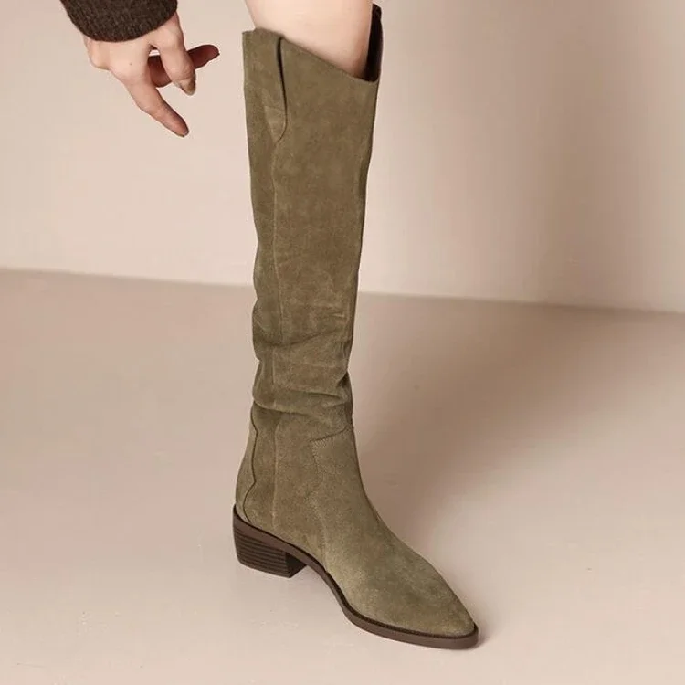 2023 New Brand Elegant Women Boot Autumn Winter Retro Slim Knee Length Boot Pleated ThickHeel Long Boot Western Knight Boot