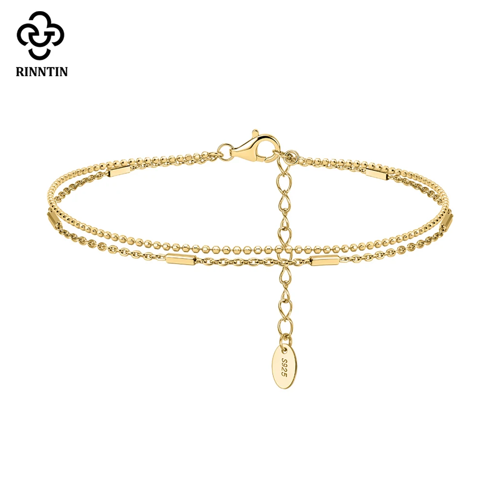 Rinntin 925 Sterling Silver Double Cable Chain Bracelet with Horizontal Bar for Women Fashion Elegant Hand Chain Jewelry SB219