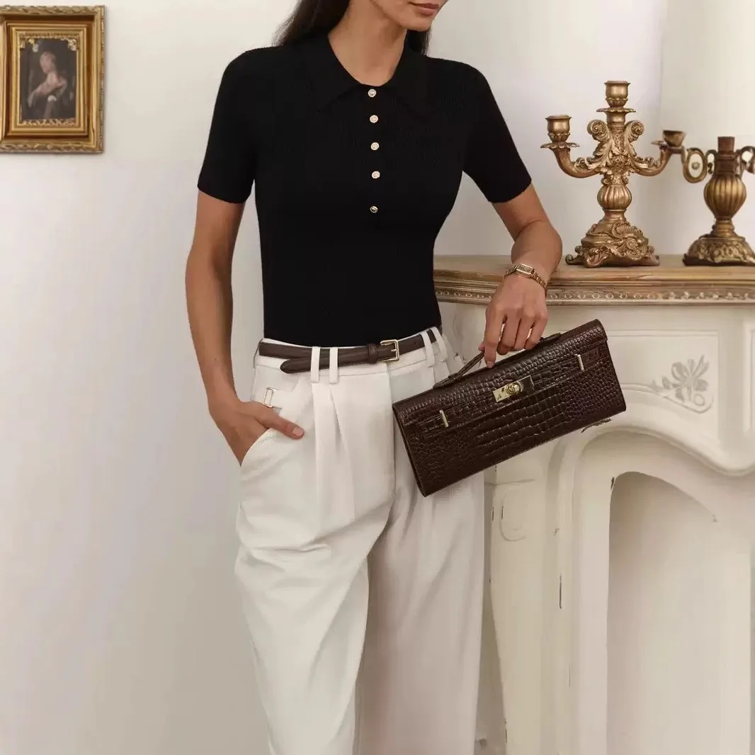 Turn Down Collar Pullover Top Short Length Elegant Professional with Short Sleeve Slim Fit Seamless Splicing Spring for Women