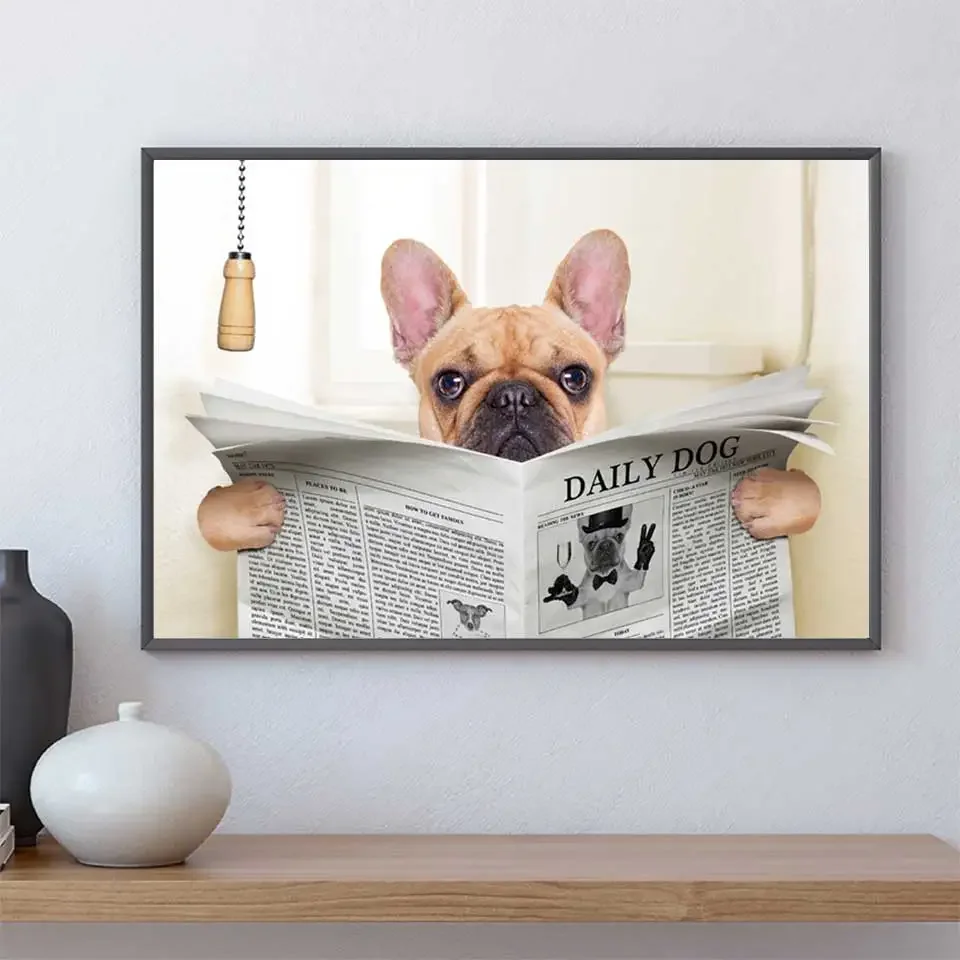 

Bulldog Dog Pug Reading Newspaper Wall Art Funny Print Lover Gifts Wall Hanging Picture Canvas Painting Toilet Home Decor