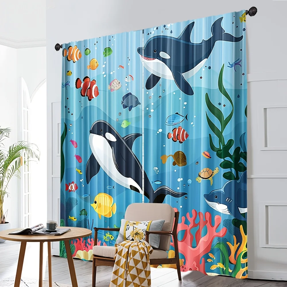 Cute Dolphin Underwater Ocean Curtain Window Curtain Decorative Kids Room Nursery Bedroom Aquatic Tropical Fish Window Treatment