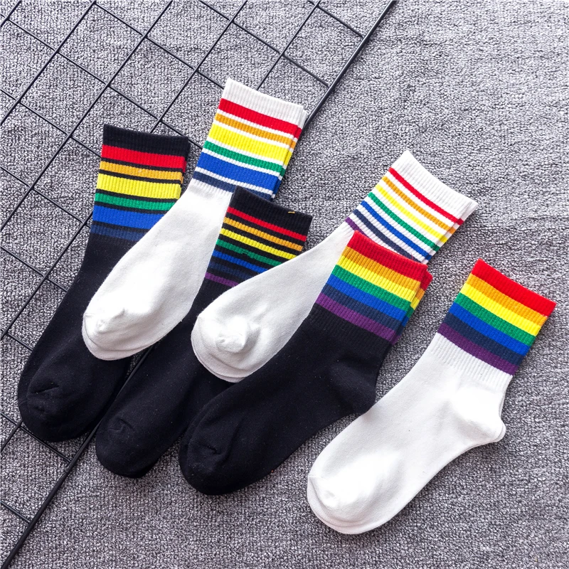 Women\'s Harajuku Rainbow Stripes White Black Cotton Socks Fashion Christmas Casual Tide Streetwear Dropship