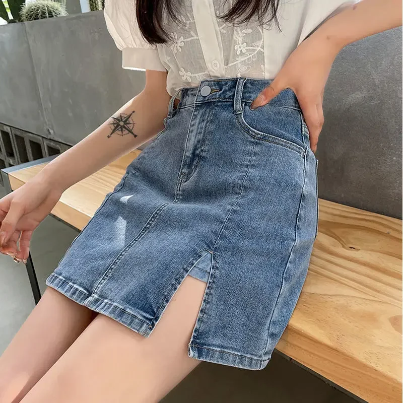 Korean Split Denim Skirt Women's Open Crotch Outdoor Sex Pants Jeans Summer Mini Skirts Exotic Hotpants Night Club Disco Skort