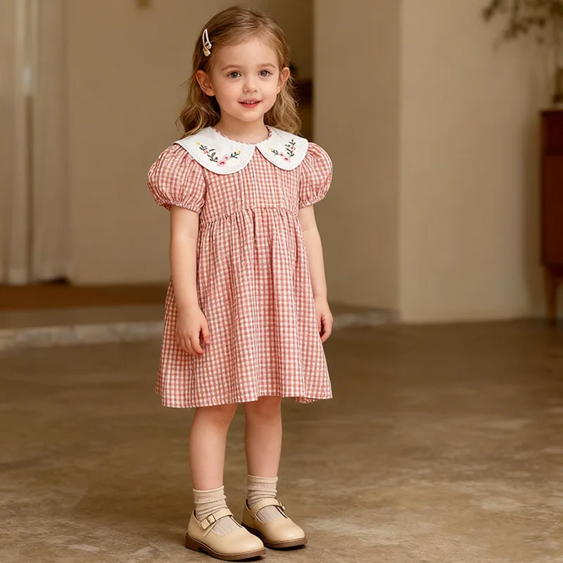 

Летнее клетчатое платье с короткими рукавами для девочек, платье принцессы с вышитым воротником, детская одежда, детское платье, платье для маленьких девочек
