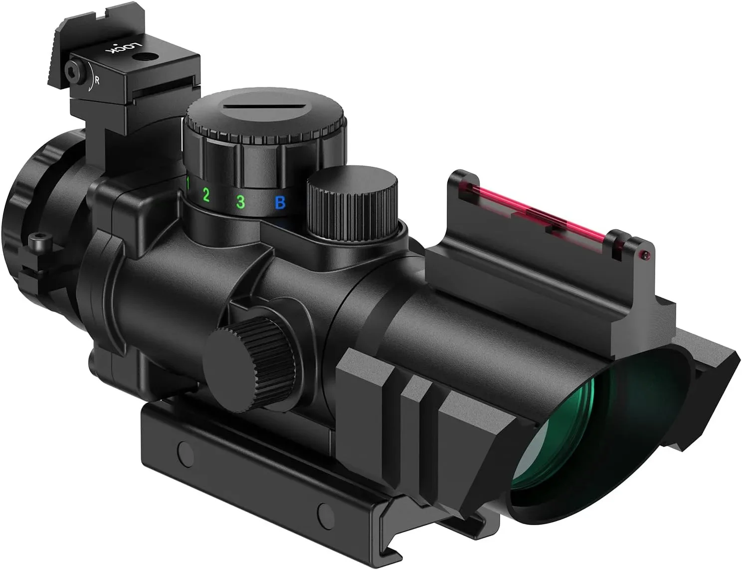 4X32 Prism Rifle Scope With Rear Iron Sight & Fiber Optics Sight Tri-Illuminated Rapid-Changing Etched Reticle ACOG 20mm Rail