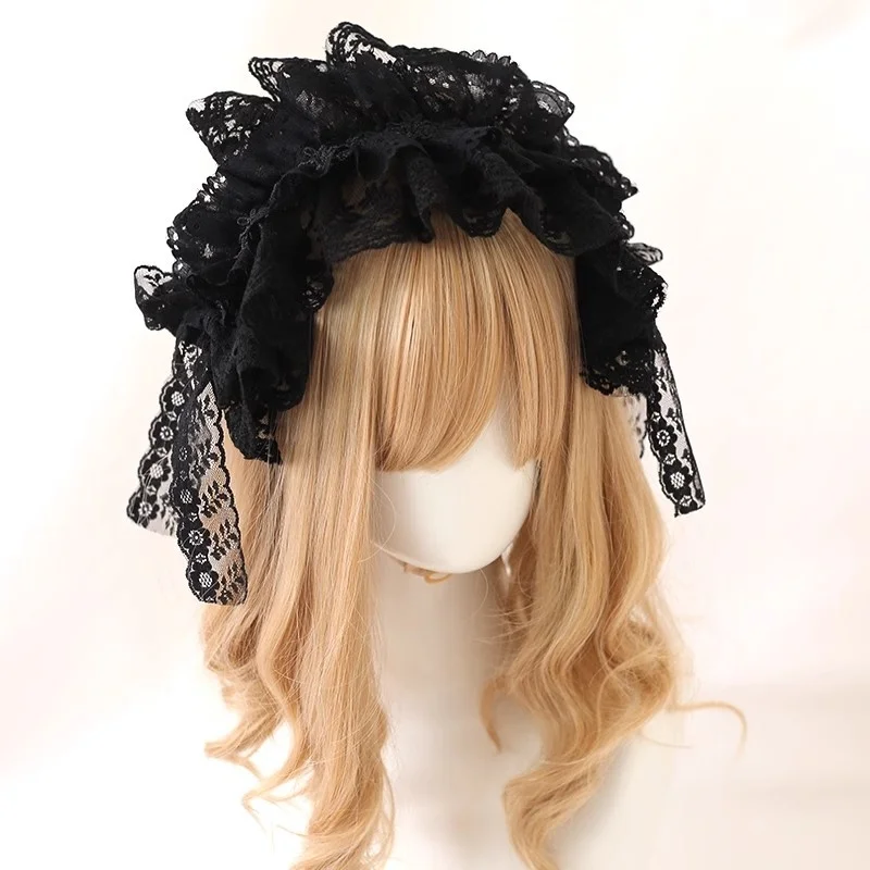 Black Lace Lolita Headpiece Doll Bow Hairband Halloween Cosplay Gothic Black Subculture Punk Handmade Multi-layer Lace Hairban