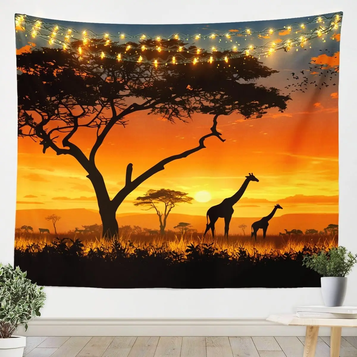 Wildlife Safari Tapestry, Serene Sunset Scene with Giraffes and Acacia Trees on the African Savannah Wall Art for Aesthetic Room
