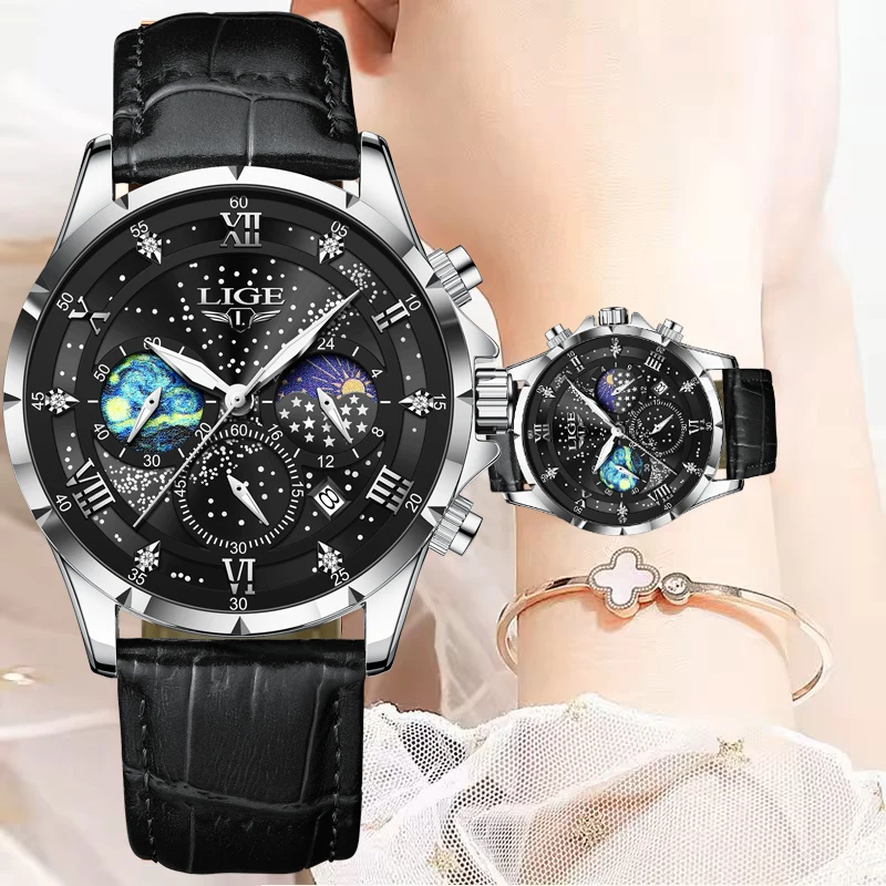 

LIGE модные кожаные часы для женщин, повседневные спортивные водонепроницаемые женские кварцевые наручные часы с фазой Луны, элегантные женские часы-браслет