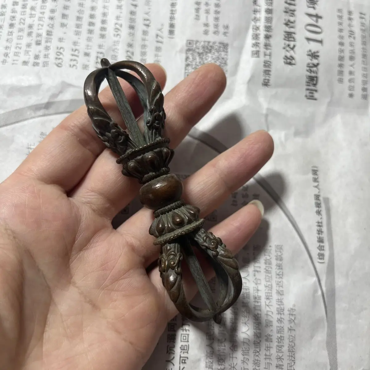 Old Tibetan Collection Five-pronged Diamond Pestle Esoteric Dharma Device Fine Copper Craft Decorative Statue Display Ornament